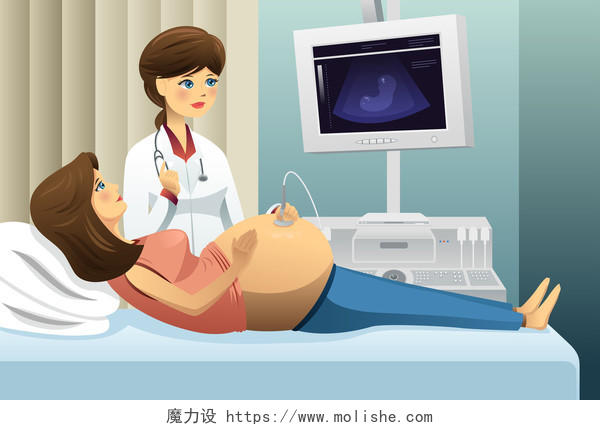 怀孕的妇女在医生办公室在做超声的矢量图